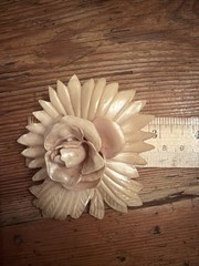 Vintage Hand Carved Ivory Celluloid Plastic Rose Flower Brooch Pin Dusty Rose