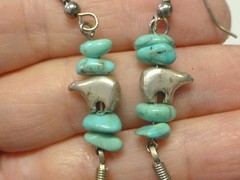 Vintage Navajo Turquoise Bear Fetish Feather Dangling Sterling Silver Earrings