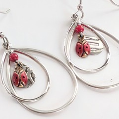 Vintage Silver Tone Bohemian Style Teardrop Lady Bug Charm Layered Earrings