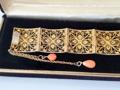 Antique Italian Gilt Silver Filigree Panel Bracelet, Natural Salmon Coral Drops