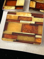 Vintage Baltic Amber Brooch Earring Clip On Set Mosaic Sterling Silver