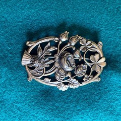 Vintage Art Nouveau Floral Oval Brooch Pin Rose Clover Flowers Feminine 2 inch