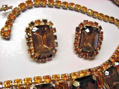 Vintage Burnished Amber Brown & Gold Necklace Bracelet Earrings