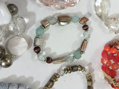 Plastic, Gemstone + crystal bead bracelets. Lot of 10 beaded mixed materials