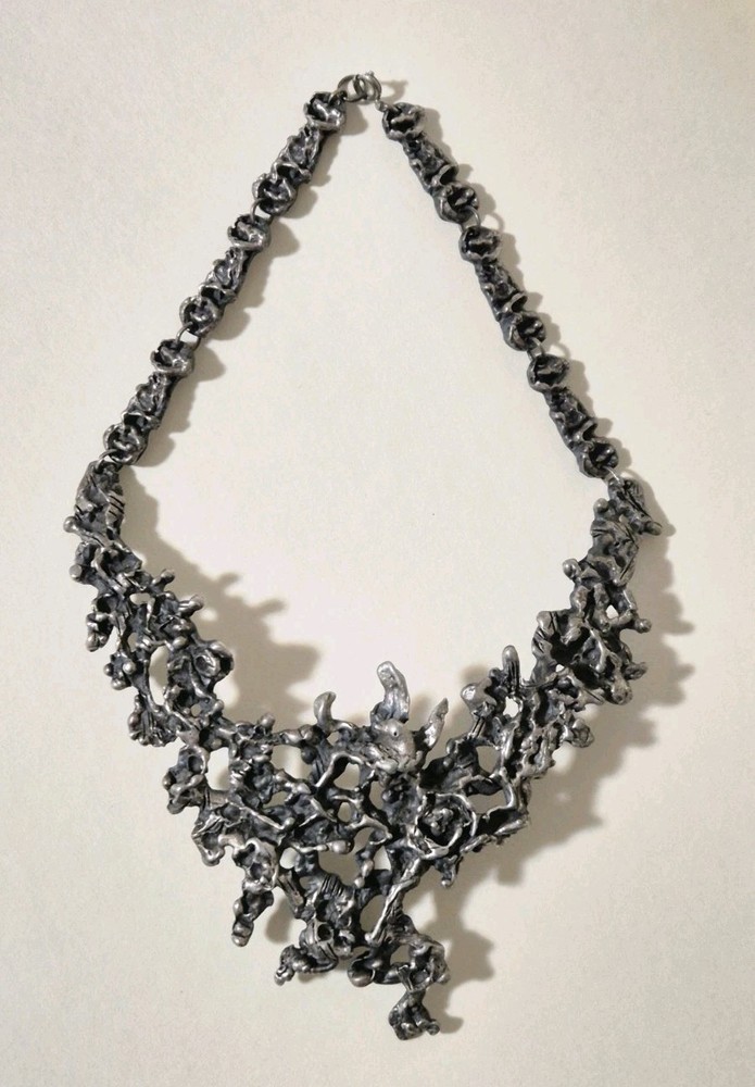 Guy Vidal large Modernist Brutalist ‘hidden bird’ silver plated pewter Necklace