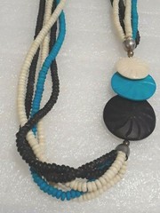 Vintage, Blue, off-white, black, handcrafted chunky beaded necklace.