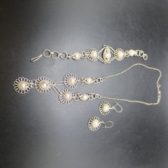 Vtg Wire Filigree Necklace 17” & Bracelet 7” Earrings Faux Pearls Set Boho 1980s