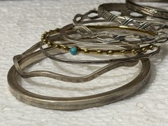 6 Sterling Silver & 1 Brass Bangle Bracelets 91 Grams Silver Marked/Tested