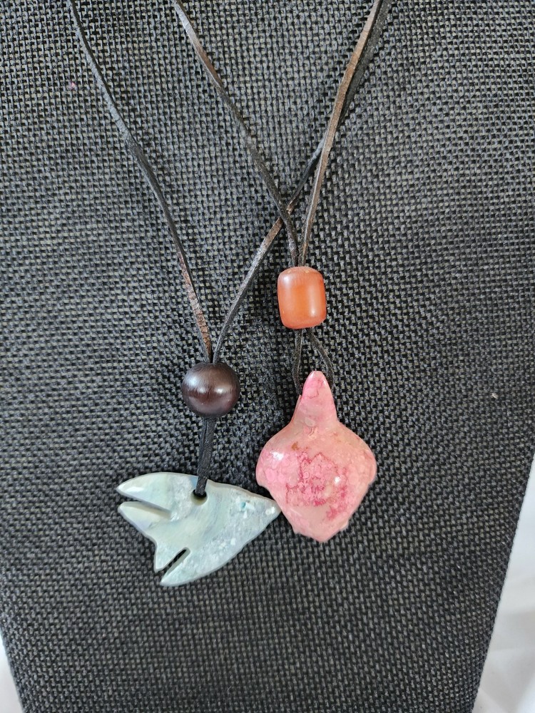 Estate Sale! PAIR Stone Pendant Necklaces Leather Adjustable Cord-Turtle, Fish