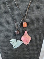 Estate Sale! PAIR Stone Pendant Necklaces Leather Adjustable Cord-Turtle, Fish