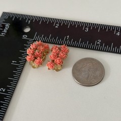 Vintage Faux Coral Carved Celluloid Rose Flower Climber Clip On Earrings 1″