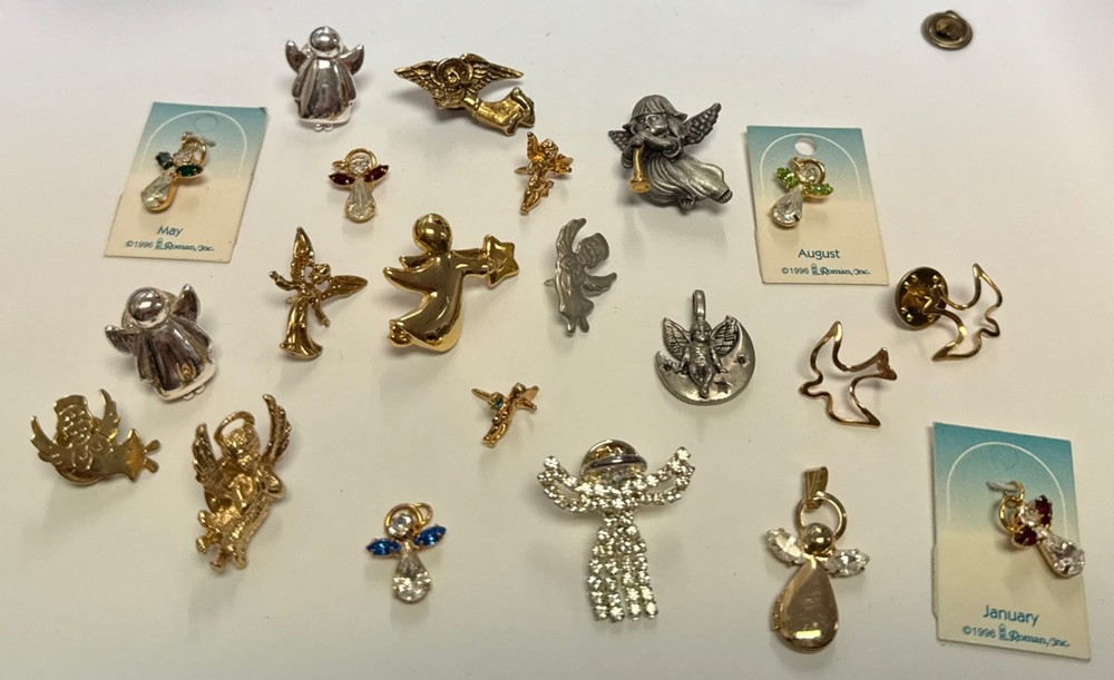 GOLD/SILVER TONE ANGEL BIRD MINI FIGURAL PIN LOT 21pc FEW BIRTHSTONE RHINESTONE