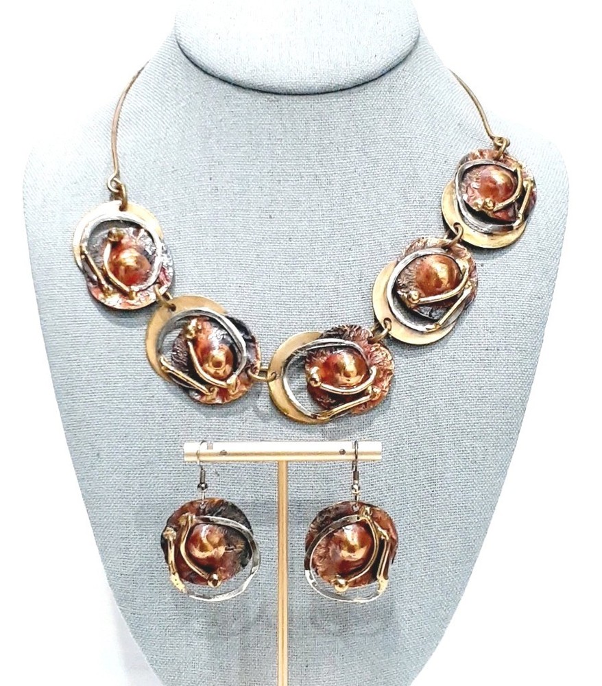 Art Deco Brutalist Mixed Metal Necklace & Earring Set SEE DESCRIPTION