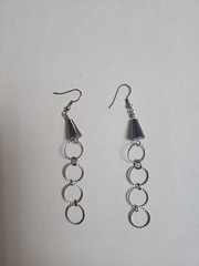 Vintage Silver Tone Hematite Dangle Earrings Long Open Circle Drop Boho Minimali