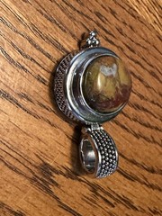 Vintage Round Silver Tone Caramel Brown Swirled Cabochon Pendant 1 3/4”