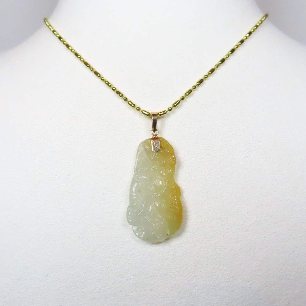 Vintage 14K Chinese White Yellow Jadeite Pendant 18K GF Necklace