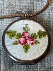 Vintage German Guilloche Enamel Rose Locket Pendant 925 Silver Chain 20”