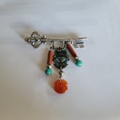 Vintage Chinese Chatelaine Key Brooch Pin Silver Turquoise Coral Carnelian Jade