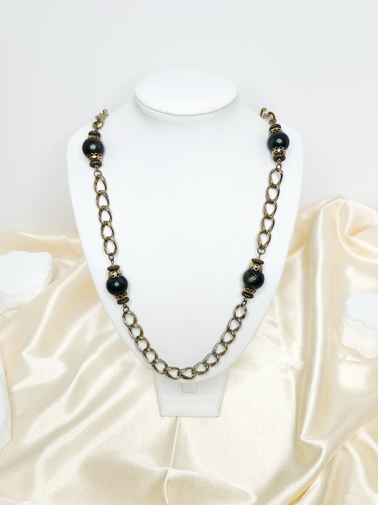 Vintage Gold Tone Chain Link Bead Necklace – Continuous, 32″