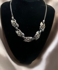 3 Piece Set Vintage Silver Tone Roses W Rhinestones Necklace Bracelet Brooch