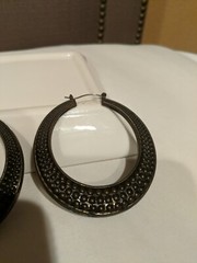 Vintage Earrings Hoop Wire Closure Hollow Metal Embossed Damask Motif Large