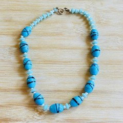 VTG Art Deco Czech Pastel Blue Glass Choker Necklace Retro Aqua Chunky Beads 16″