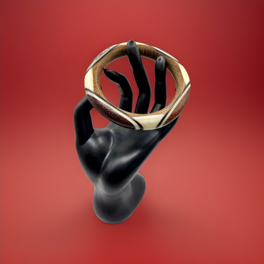 Modern Chic Geometric Bangle Bracelet, Wood, Horn, Bone Inlay Hand Crafted 8.25”