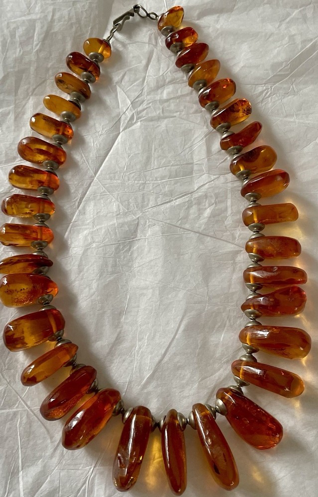 Amber Baltic Honey Cognac Necklace Choker 81.7g Rare VTG Silver Plated Read
