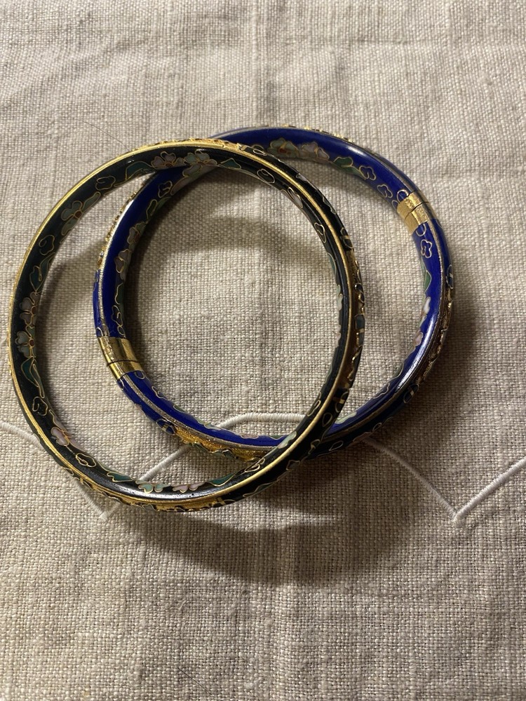 Vintage Cloisonné Floral Enamel Bangle Bracelets Navy/Green/Gold/Pink