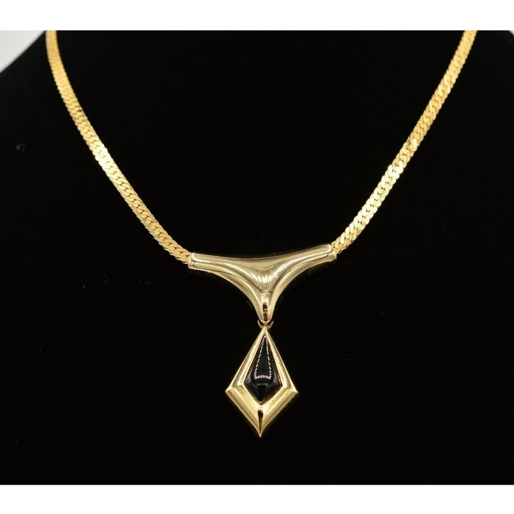 Vintage Statement Necklace Collar Gold Chain Black Dangle Pendant 1980s Bin2