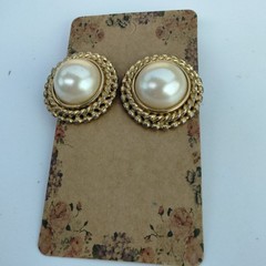 Gold Tone Faux Pearl Earrings Vintage Cabochon Pierced Post