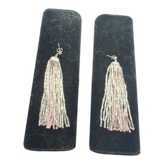 Vintage Beaded Dangle Earrings Silver & Pink Pierced Earrings 3.25″L