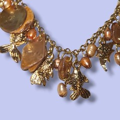 Gold Tone Fish Charm Necklace Pearl Shell Dangle Beach Boho 16″-18″
