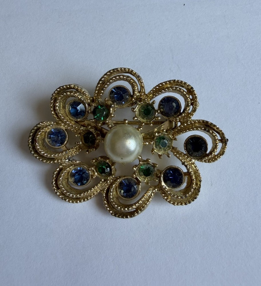 Gold Tone Blue & Green Crystal Rhinestone White Faux Pearl Pin