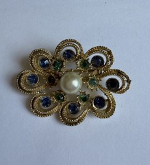 Gold Tone Blue & Green Crystal Rhinestone White Faux Pearl Pin