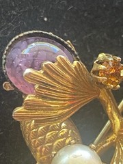 French Designer mid century Art Nouveau gemstone Pinecone Branch Gold tone Pin