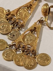 Vintage Gold Tone French Coin Chandelier Clip On Earrings Republique Francaise