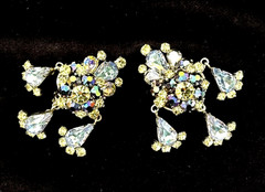 Fabulous Vintage Silver Tn BLUE AB Rhinestone Cluster Drop Clip Earrings AUSTRIA