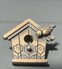 JJ Jonette Pewter Bird House Pin Brooch Antiqued Bronze Color 7/8 inch