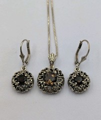 Vtg FNA Sterling Silver Round Smoky Quartz Pendant 18″ Box Necklace Earrings Set