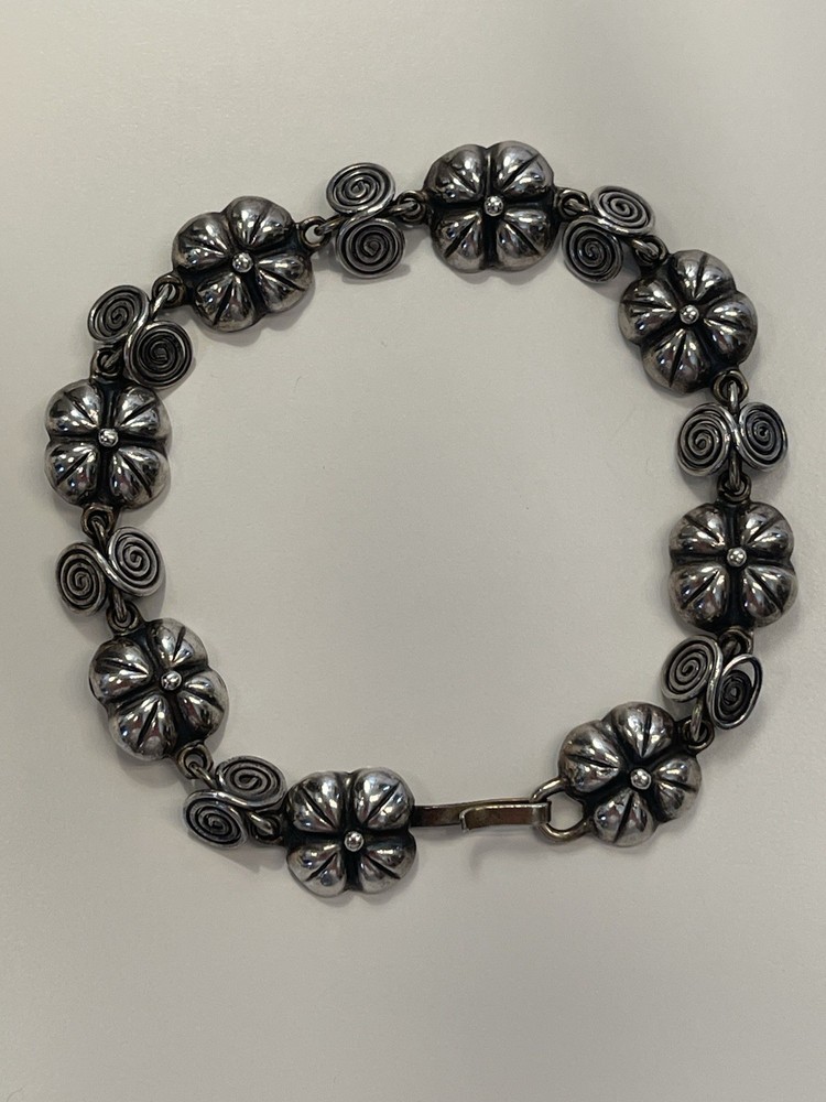 Mid-Century Taxco Sterling Silver 925 Flower & Spiral Bracelet