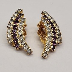 Vintage Rhinestone Clip On Earrings Purple Clear Climber Gold Tone 1 3/8″