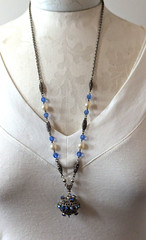 WEST GERMANY Pendant/Necklace Earring Set Blue AB Rhinestone Faux Pearls 1950s