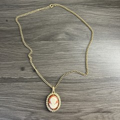 Vintage Avon Cameo Necklace Reversible Gold Tone 23” Statement Pendant