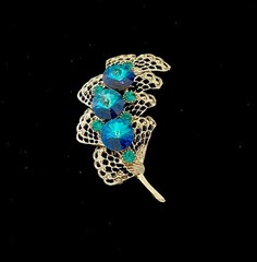 Vintage Rivoli Crystal Peacock Blue Green Silver Tone Feather Leaf Fan Brooch