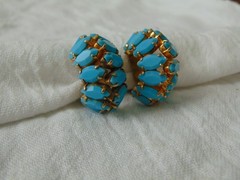 vintage double sided prong set Turquoise blue glass marquis cut stones clip ons