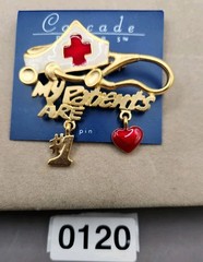 Vintage TONA NURSE PIN BROOCH My Patients Are #1 GOLDTONE White Red ENAMEL HEART