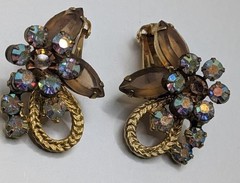 Vintage Costume Jewelry AB Rhinestone Amber Floral Goldtone Metal Clip Earrings