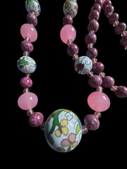 Vintage Cloisonne Rose Quartz & Purple Jasper Beaded Glass Necklace 30 1/2 In