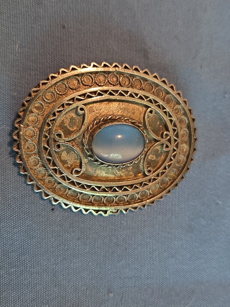 Vintage Sterling Silver Brooch Marked Israel With Blue Calchony Stone